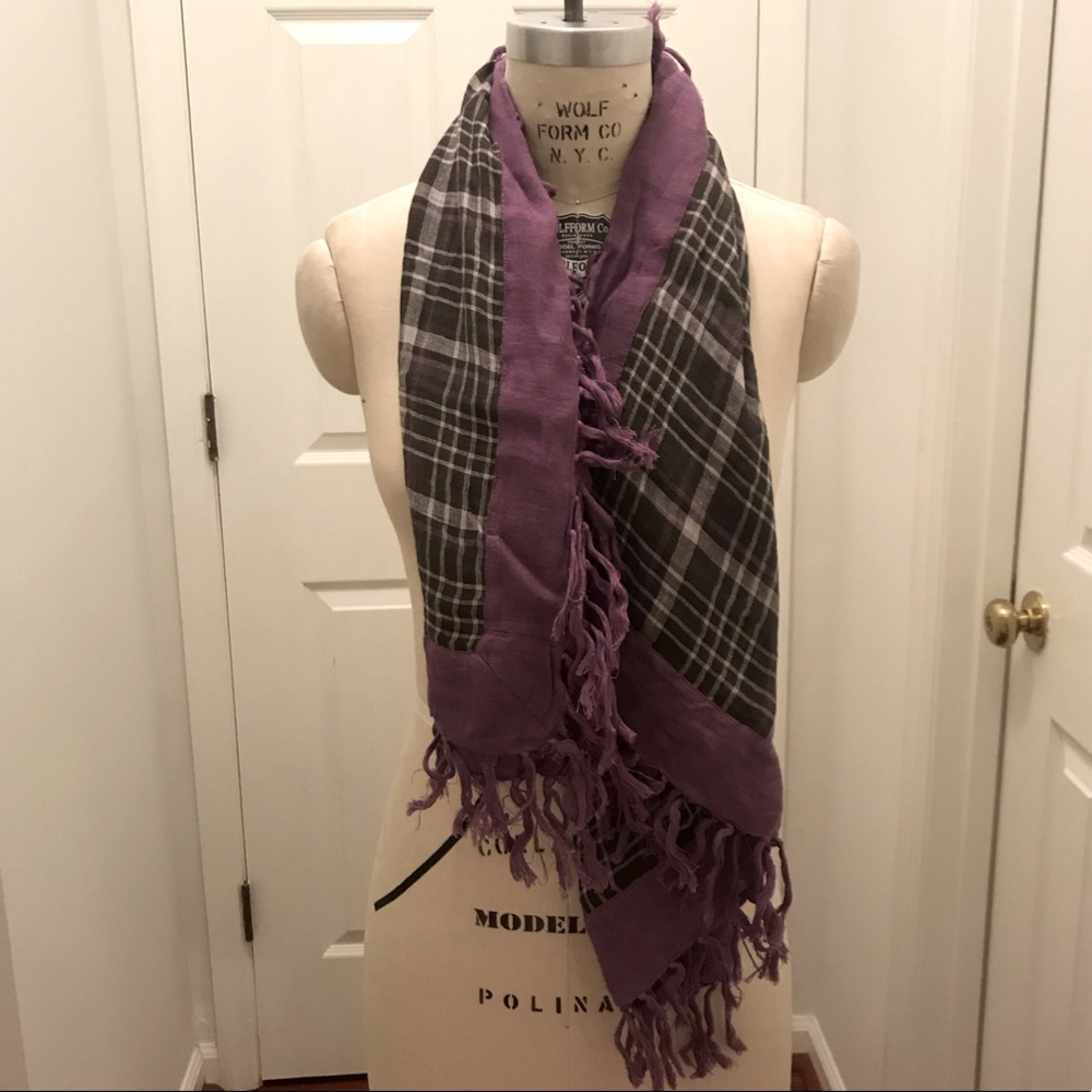 Linen/Cotton Blend Plaid Scarf with Fringe Edges